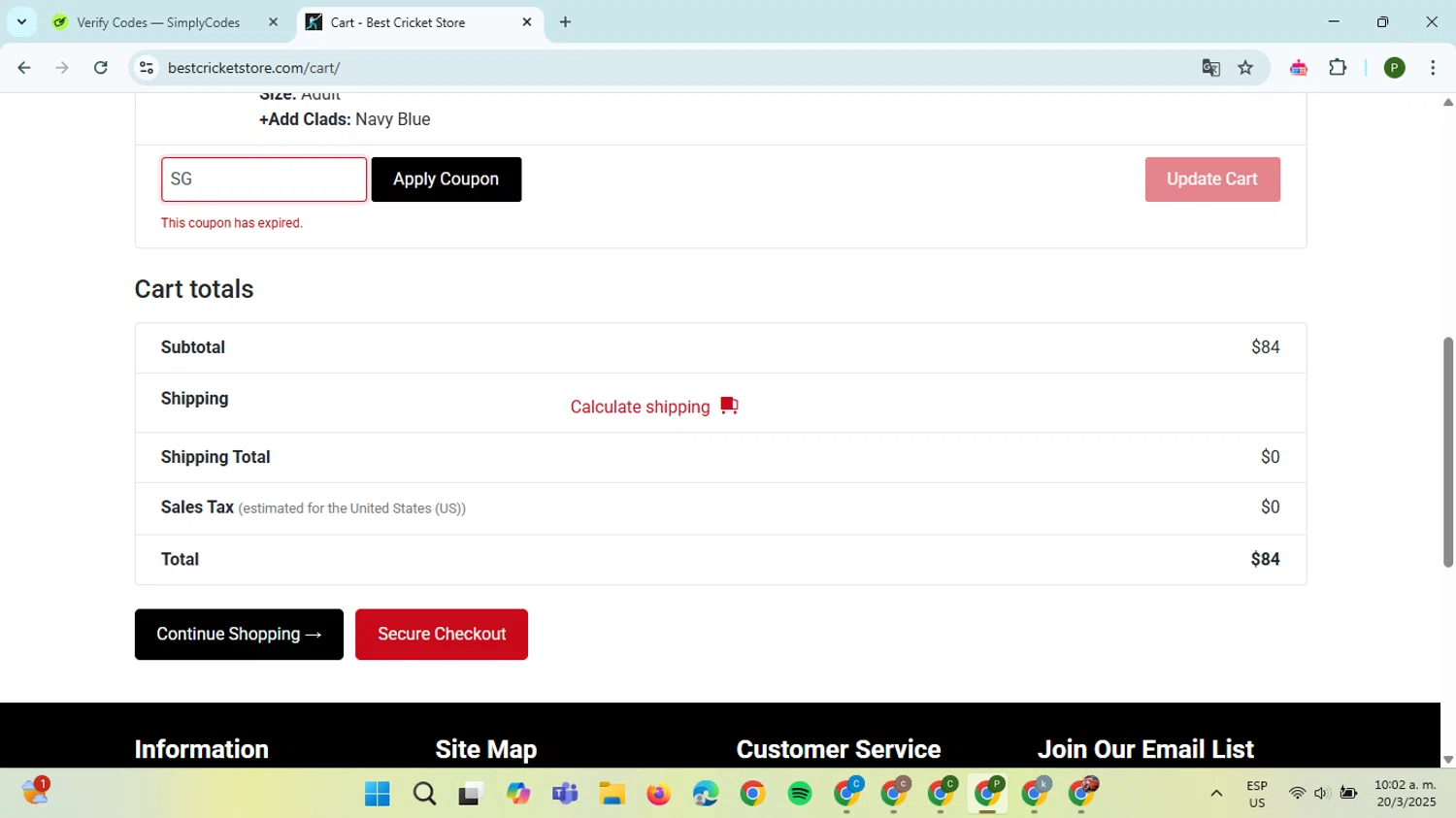 Best Cricket Store coupon code screenshot showing code SG applied at Best Cricket Store checkout page. Uploaded by SimplyCodes community member ThriftySpotter5396 on Mar 20, 2025