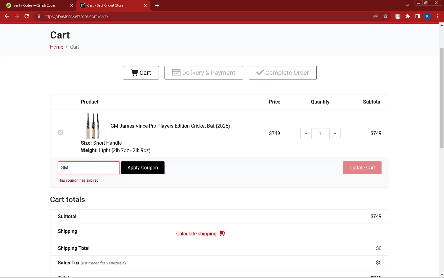 Best Cricket Store coupon code screenshot showing code GM applied at Best Cricket Store checkout page. Uploaded by SimplyCodes community member Kira_1 on Mar 19, 2025