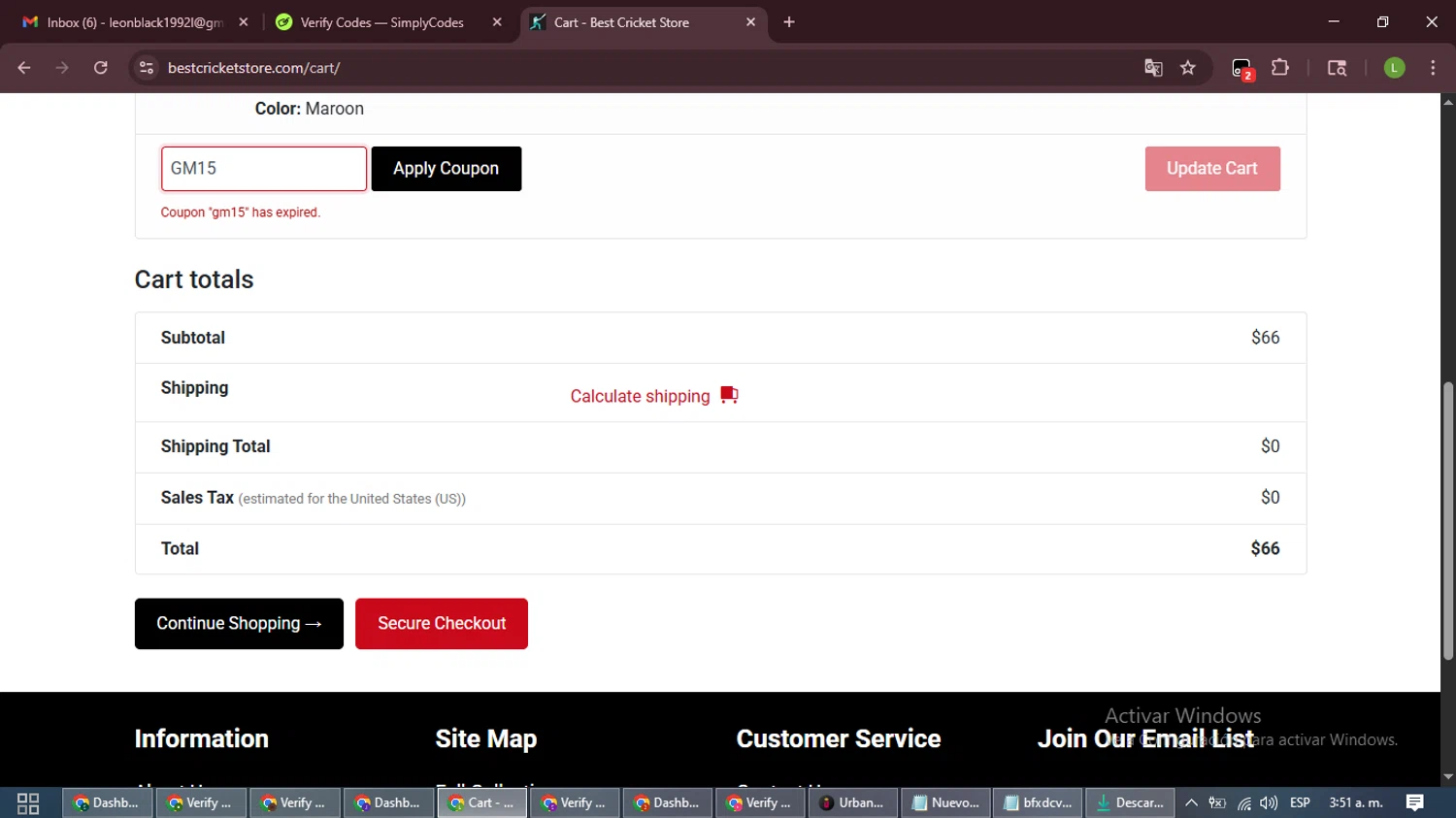 Best Cricket Store coupon code screenshot showing code GM15 applied at Best Cricket Store checkout page. Uploaded by SimplyCodes community member CleverFalcon7682 on Nov 27, 2025