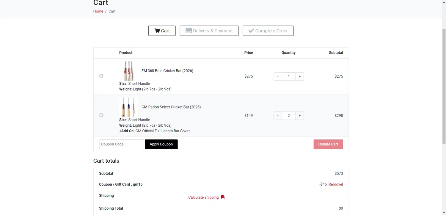 Best Cricket Store coupon code screenshot showing code GM15 applied at Best Cricket Store checkout page. Uploaded by SimplyCodes community member DiscountWarden480 on Nov 7, 2025