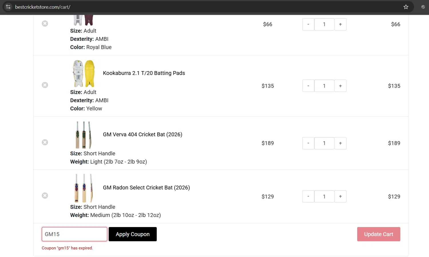 Best Cricket Store coupon code screenshot showing code GM15 applied at Best Cricket Store checkout page. Uploaded by SimplyCodes community member Gray_75 on Nov 27, 2025