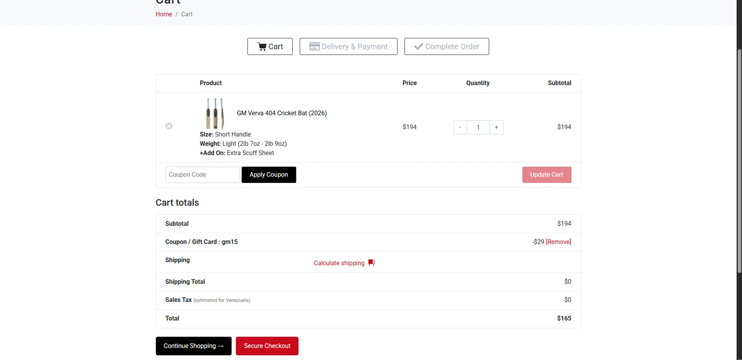 Best Cricket Store checkout page showing Best Cricket Store coupon code box | Screenshot taken by SimplyCodes community member on Nov 7, 2025