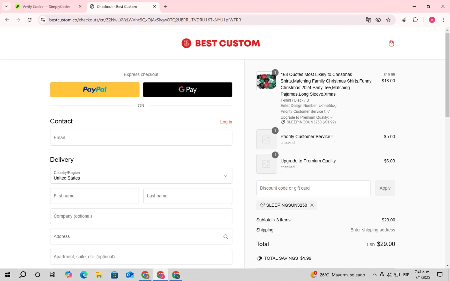 Bestcustom promo code screenshot showing code SLEEPINGSUN3250 applied at Bestcustom checkout page. Uploaded by SimplyCodes community member SaleScholar6713 on Jan 7, 2025