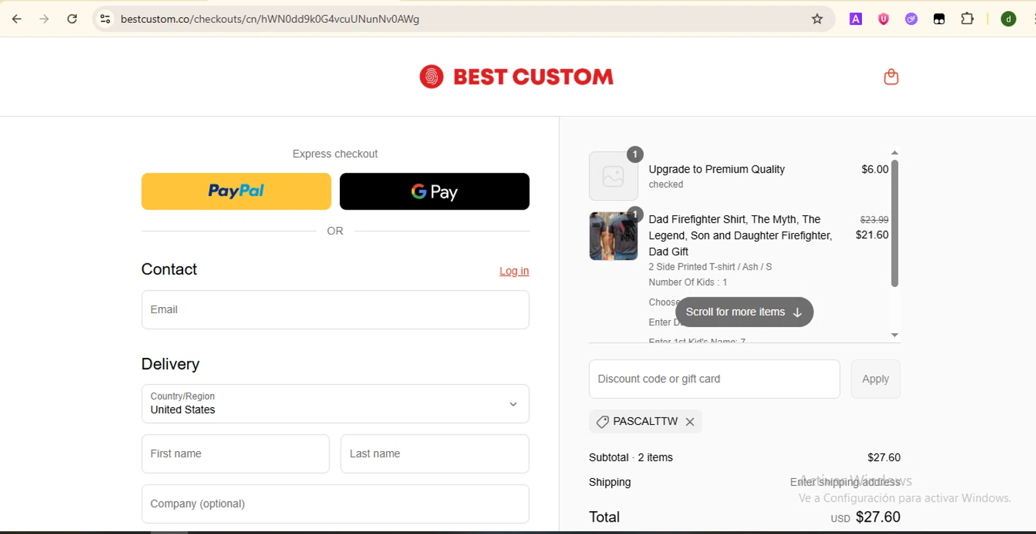 Bestcustom promo code screenshot showing code PASCALTTW applied at Bestcustom checkout page. Uploaded by SimplyCodes community member SmartTitan8055 on Jul 15, 2025