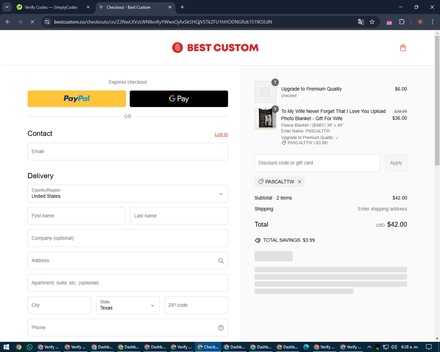 Bestcustom promo code screenshot showing code PASCALTTW applied at Bestcustom checkout page. Uploaded by SimplyCodes community member Legendar on Mar 4, 2025