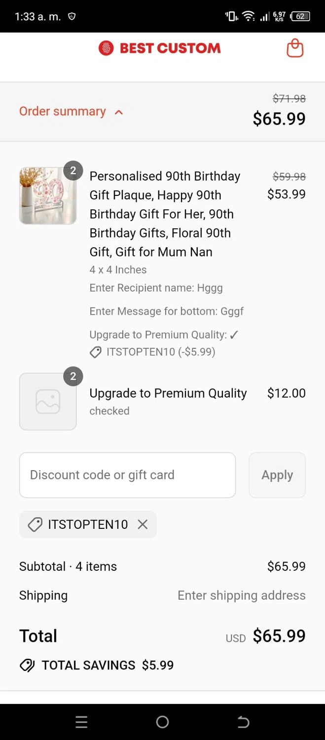 Bestcustom promo code screenshot showing code ITSTOPTEN10 applied at Bestcustom checkout page. Uploaded by SimplyCodes community member CleverSleuth6613 on Sep 9, 2025