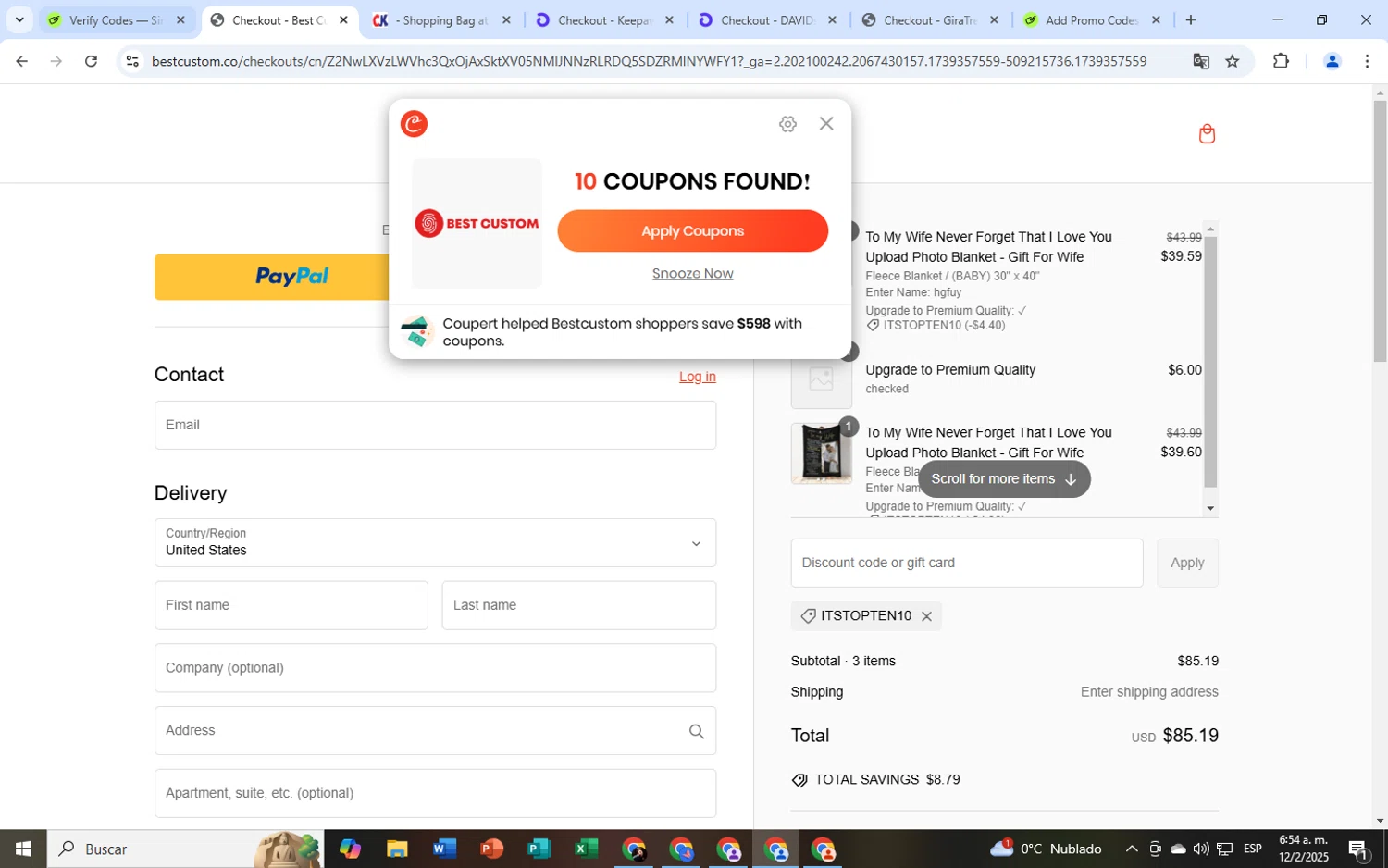 Bestcustom promo code screenshot showing code ITSTOPTEN10 applied at Bestcustom checkout page. Uploaded by SimplyCodes community member EpicLegend2586 on Feb 12, 2025