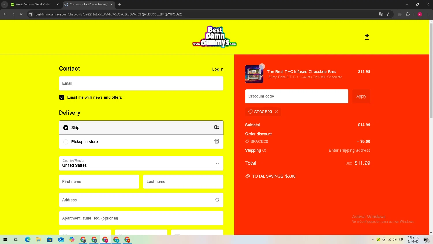 Best Damn Gummy's promo code screenshot showing code SPACE20 applied at Best Damn Gummy's checkout page. Uploaded by SimplyCodes community member TreasureTitan9744 on Jan 3, 2025