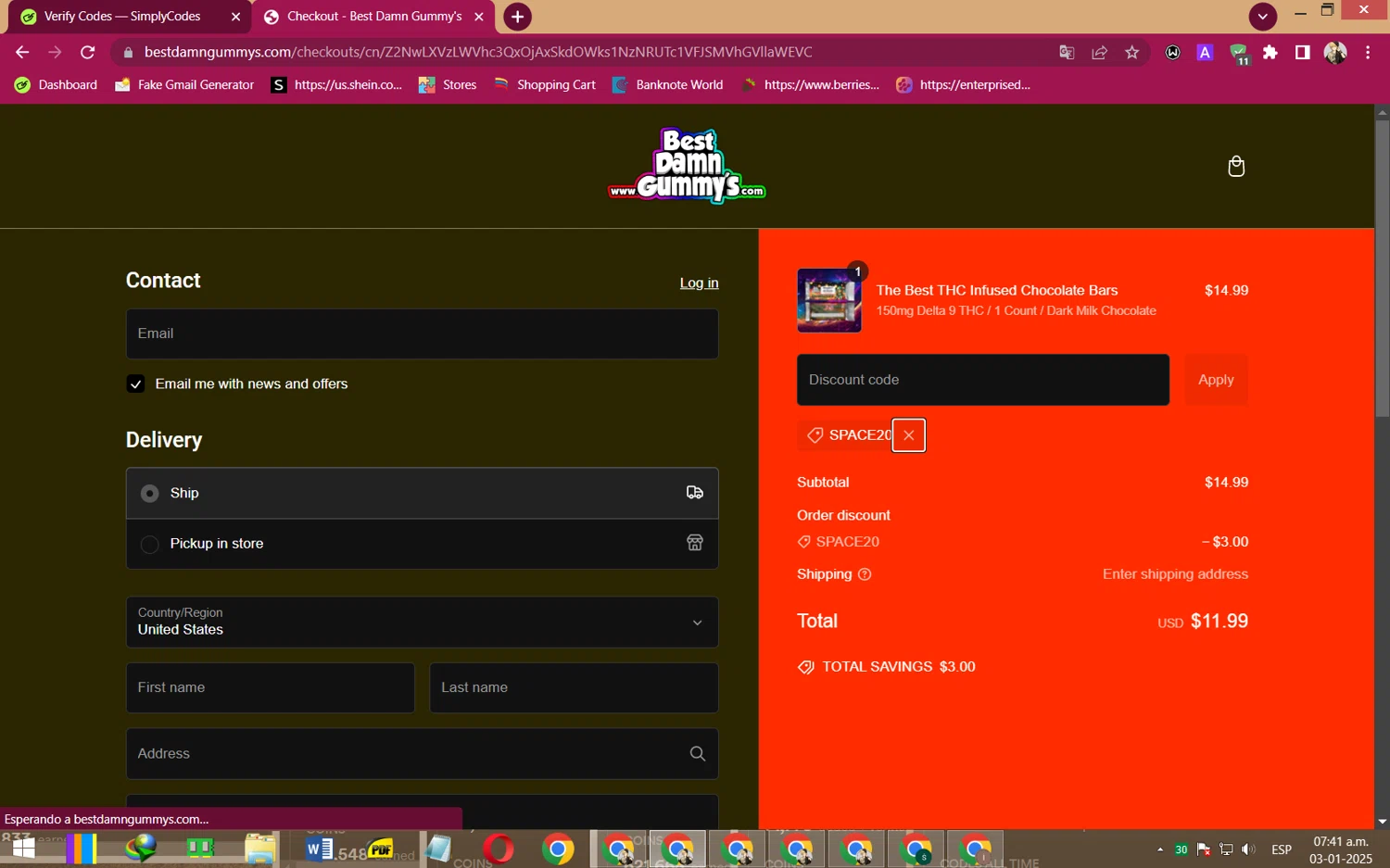 Best Damn Gummy's promo code screenshot showing code SPACE20 applied at Best Damn Gummy's checkout page. Uploaded by SimplyCodes community member RewardFalcon3197 on Jan 3, 2025