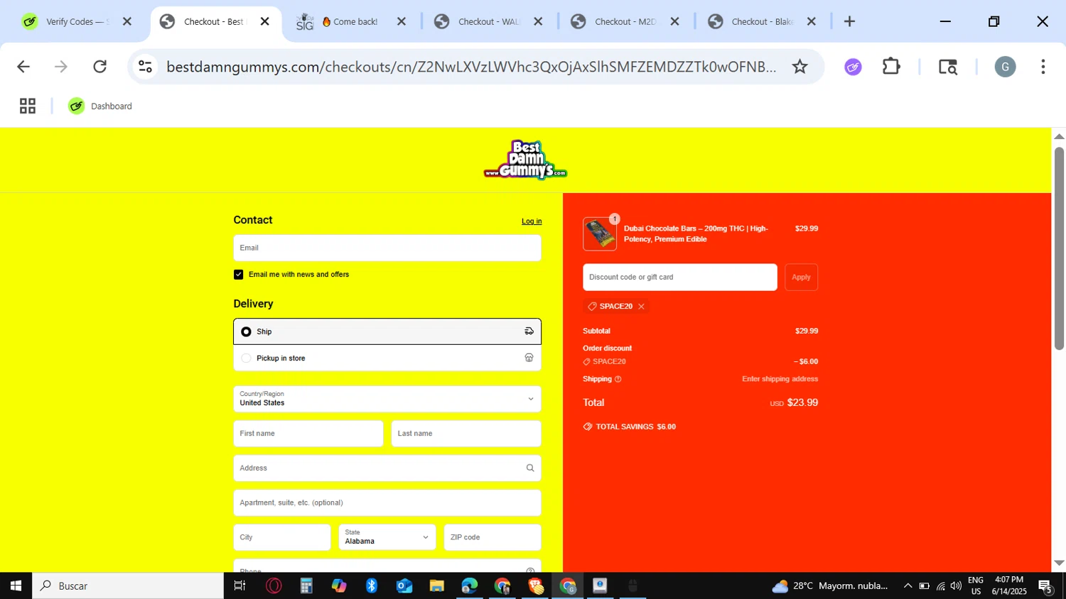 Best Damn Gummy's promo code screenshot showing code SPACE20 applied at Best Damn Gummy's checkout page. Uploaded by SimplyCodes community member guest_623525963 on Jun 14, 2025