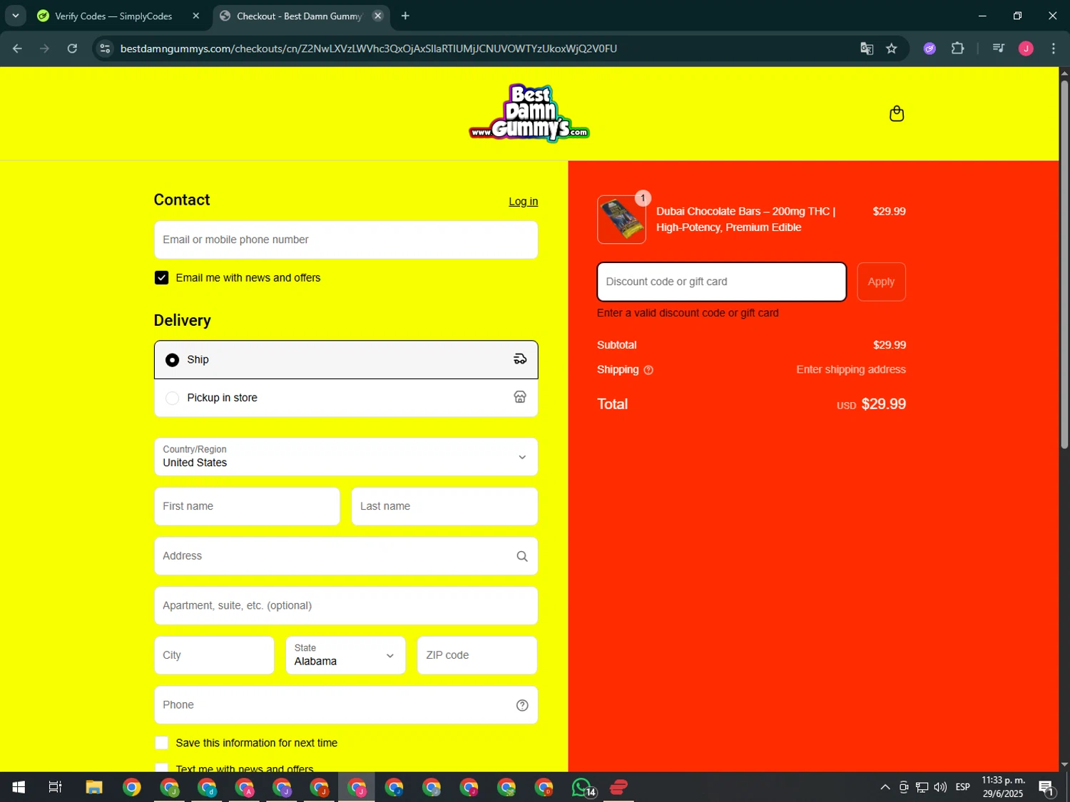 Best Damn Gummy's promo code screenshot showing code BLASTOFF applied at Best Damn Gummy's checkout page. Uploaded by SimplyCodes community member CleverShopper2101 on Jun 30, 2025