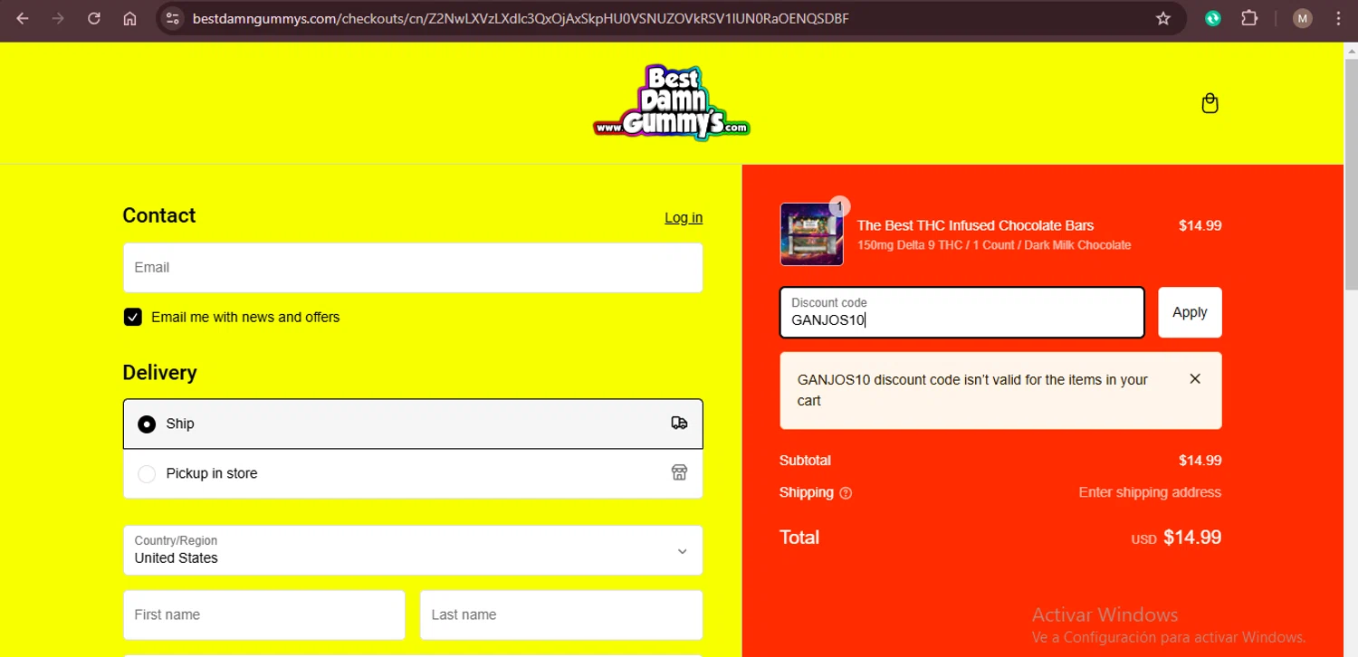 Best Damn Gummy's promo code screenshot showing code GANJOS10 applied at Best Damn Gummy's checkout page. Uploaded by SimplyCodes community member xaswqe on Jan 26, 2025
