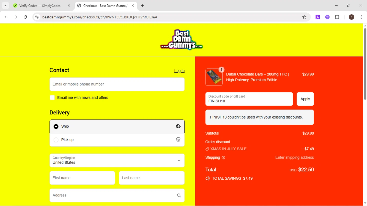 Best Damn Gummy's promo code screenshot showing code FINISH10 applied at Best Damn Gummy's checkout page. Uploaded by SimplyCodes community member CodeMaverick246 on Jul 26, 2025