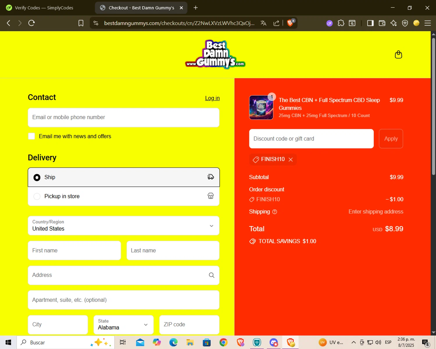 Best Damn Gummy's promo code screenshot showing code FINISH10 applied at Best Damn Gummy's checkout page. Uploaded by SimplyCodes community member Yure2713 on Jul 8, 2025