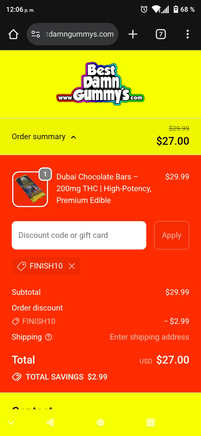 Best Damn Gummy's promo code screenshot showing code FINISH10 applied at Best Damn Gummy's checkout page. Uploaded by SimplyCodes community member carmenamandabritoser on Oct 1, 2025