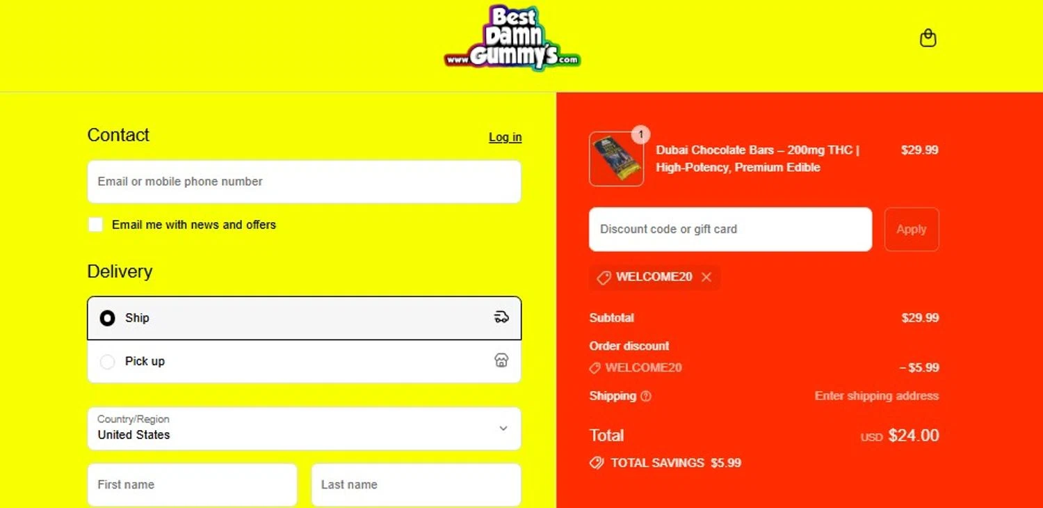 Best Damn Gummy's promo code screenshot showing code WELCOME20 applied at Best Damn Gummy's checkout page. Uploaded by SimplyCodes community member frankrivero on Sep 2, 2025