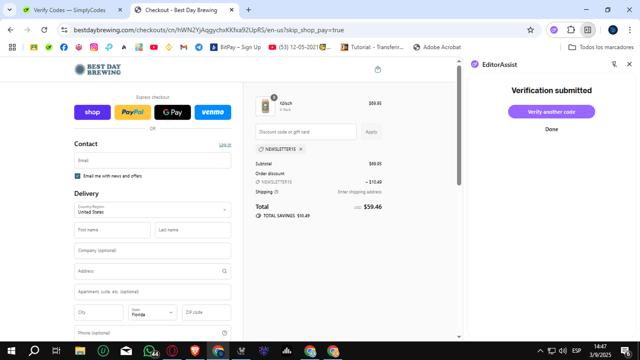 Best Day Brewing checkout page showing Best Day Brewing discount code box | Screenshot taken by SimplyCodes community member on Sep 3, 2025
