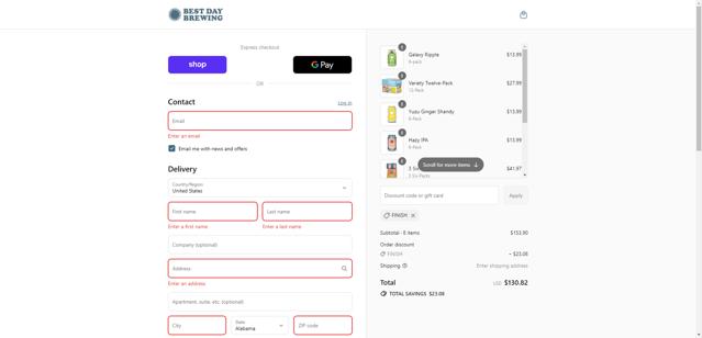 Best Day Brewing checkout page showing Best Day Brewing discount code box | Screenshot taken by SimplyCodes community member on Aug 31, 2025