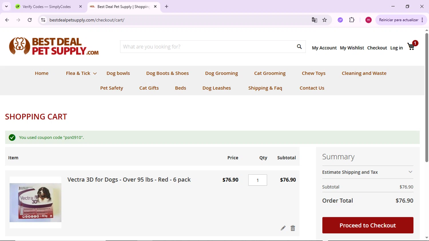Best Deal Pet Supply checkout page showing Best Deal Pet Supply promo code box | Screenshot taken by SimplyCodes community member on Jun 14, 2025