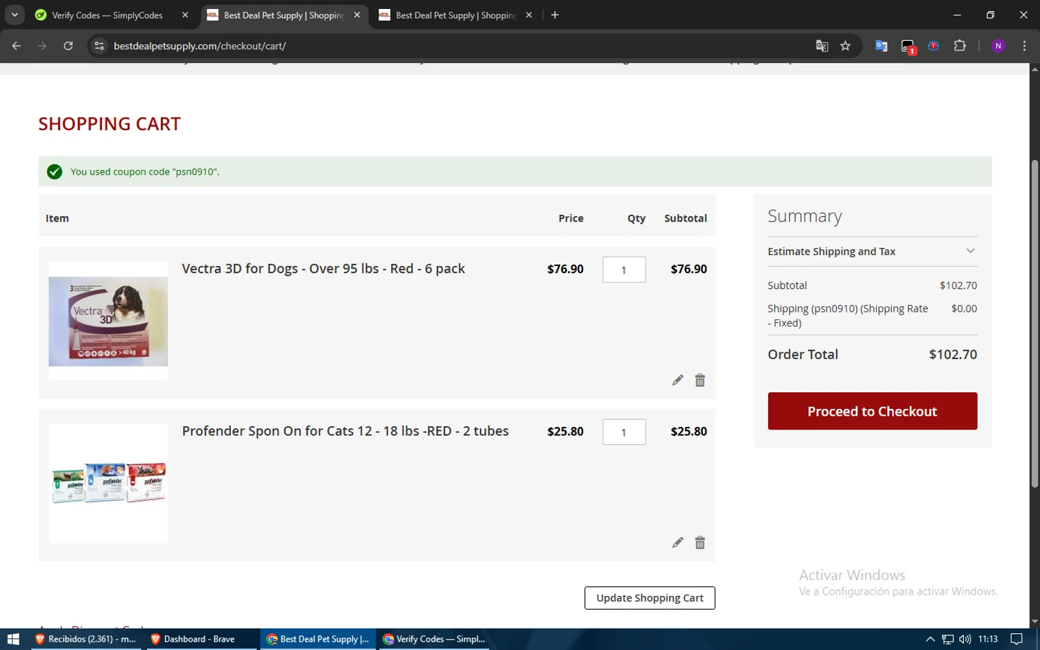 Best Deal Pet Supply checkout page showing Best Deal Pet Supply promo code box | Screenshot taken by SimplyCodes community member on Jul 14, 2025