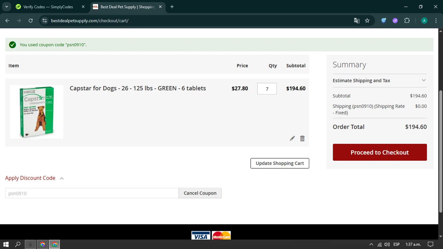 Best Deal Pet Supply checkout page showing Best Deal Pet Supply promo code box | Screenshot taken by SimplyCodes community member on May 31, 2025