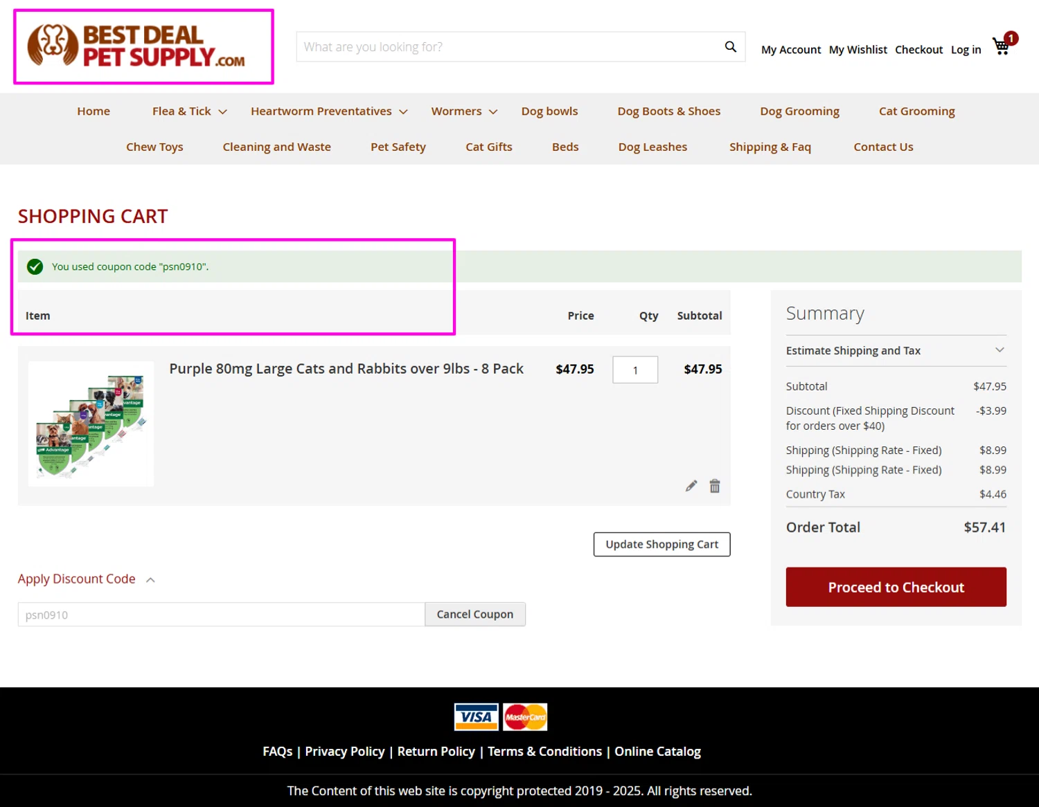 Best Deal Pet Supply promo code screenshot showing code psn0910 applied at Best Deal Pet Supply checkout page. Uploaded by SimplyCodes community member mrdarcy on Oct 31, 2025