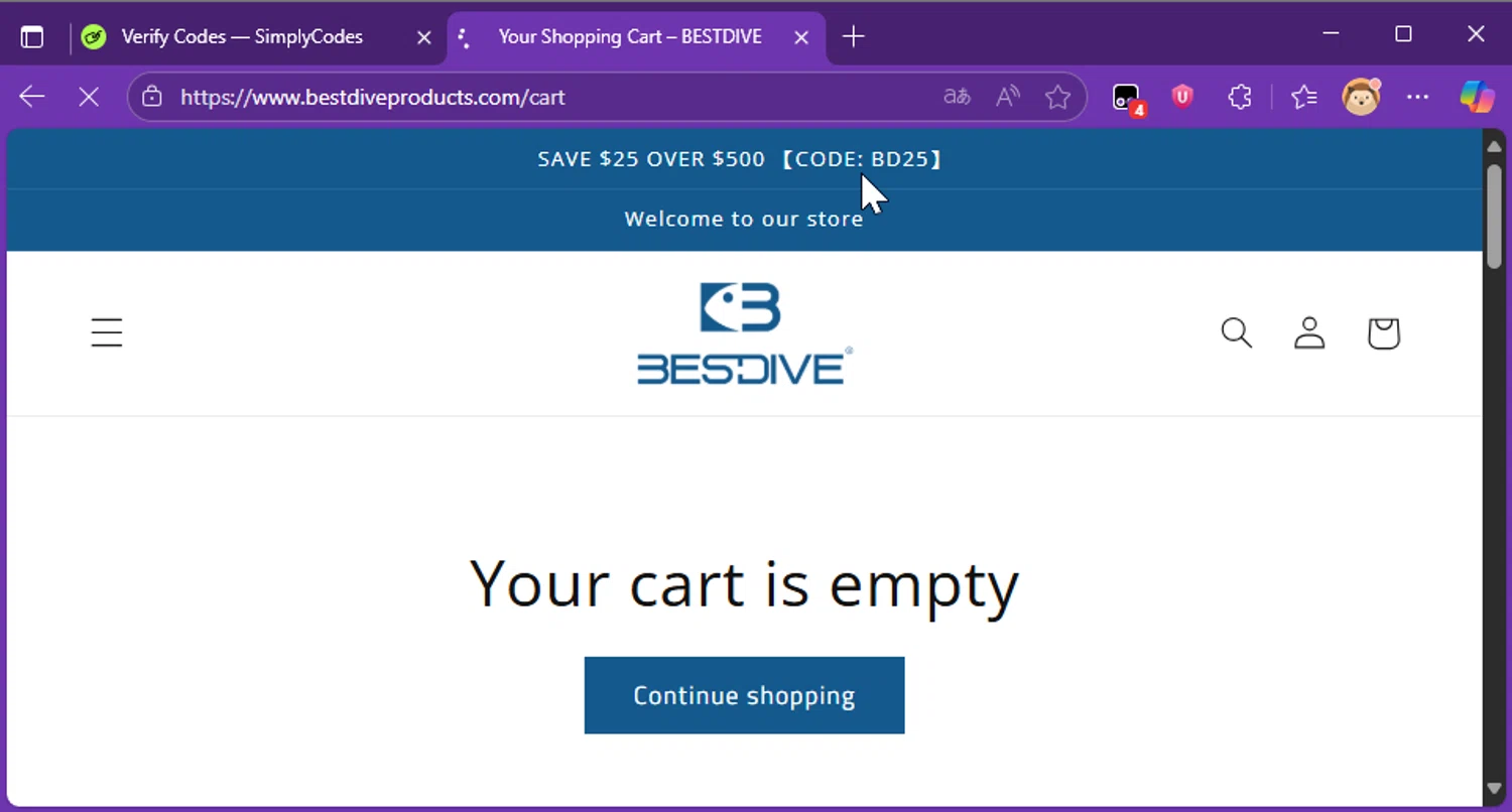 Bestdive promo code screenshot showing code BD25 applied at Bestdive checkout page. Uploaded by SimplyCodes community member Raibelys_18 on Oct 30, 2025