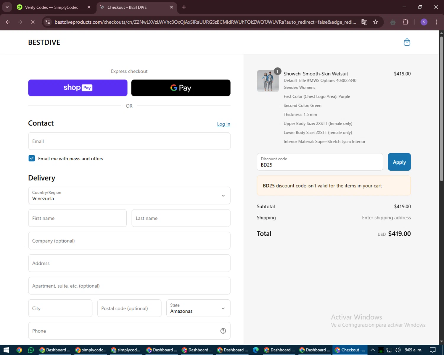 Bestdive promo code screenshot showing code BD25 applied at Bestdive checkout page. Uploaded by SimplyCodes community member LuckyVoyager688 on May 11, 2025