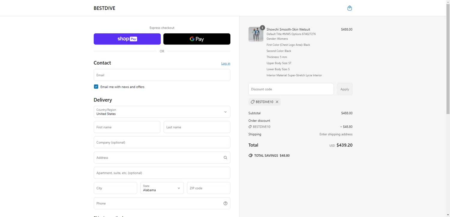 Bestdive promo code screenshot showing code BESTDIVE10 applied at Bestdive checkout page. Uploaded by SimplyCodes community member RewardTitan728 on Jun 6, 2025