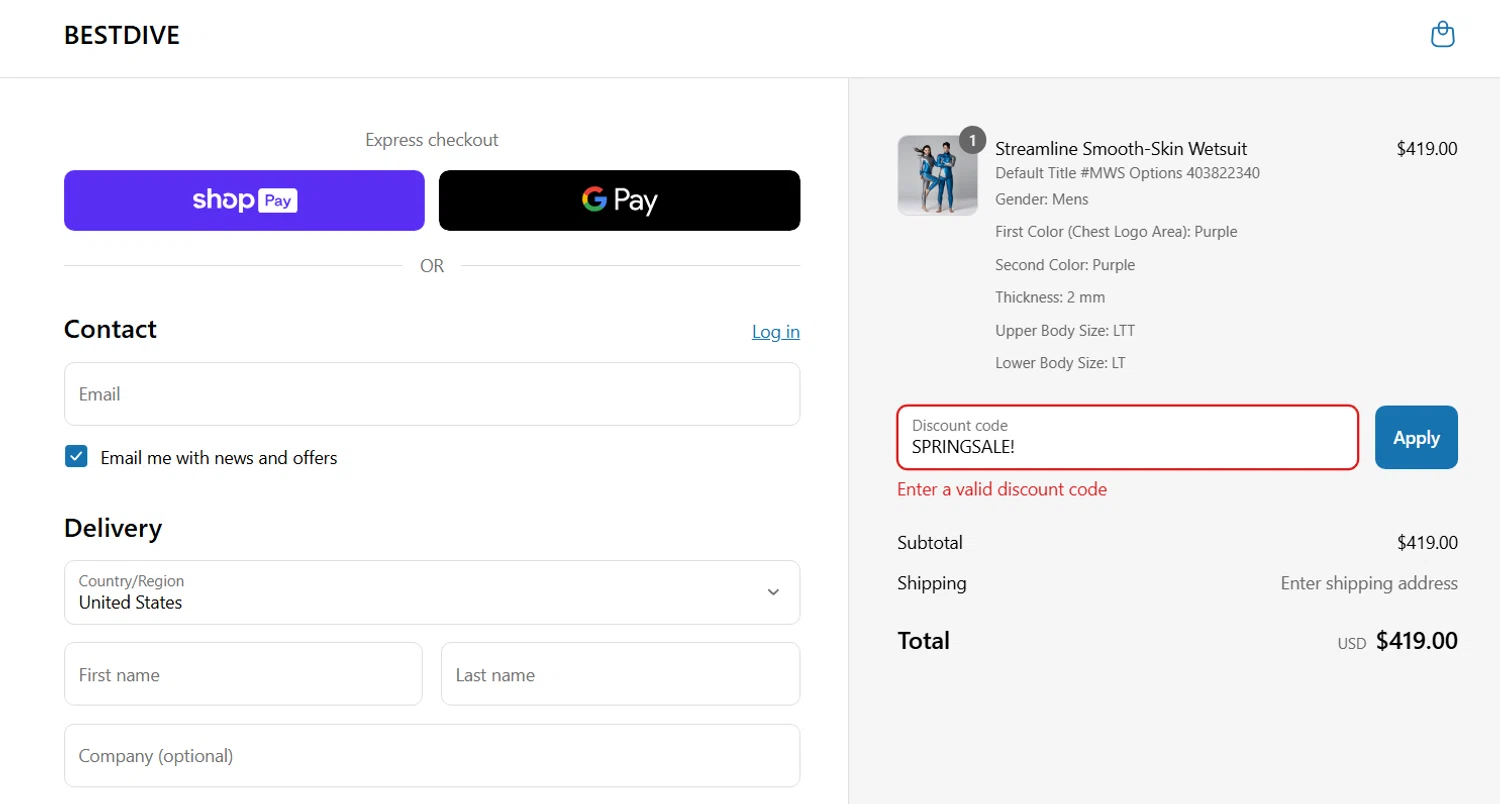 Bestdive promo code screenshot showing code SPRINGSALE! applied at Bestdive checkout page. Uploaded by SimplyCodes community member Sanemi on Jun 15, 2025
