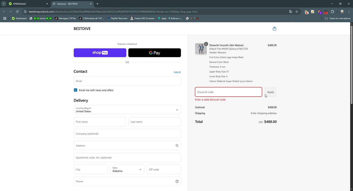 Bestdive promo code screenshot showing code SPRINGSALE! applied at Bestdive checkout page. Uploaded by SimplyCodes community member gribethr on Jun 15, 2025