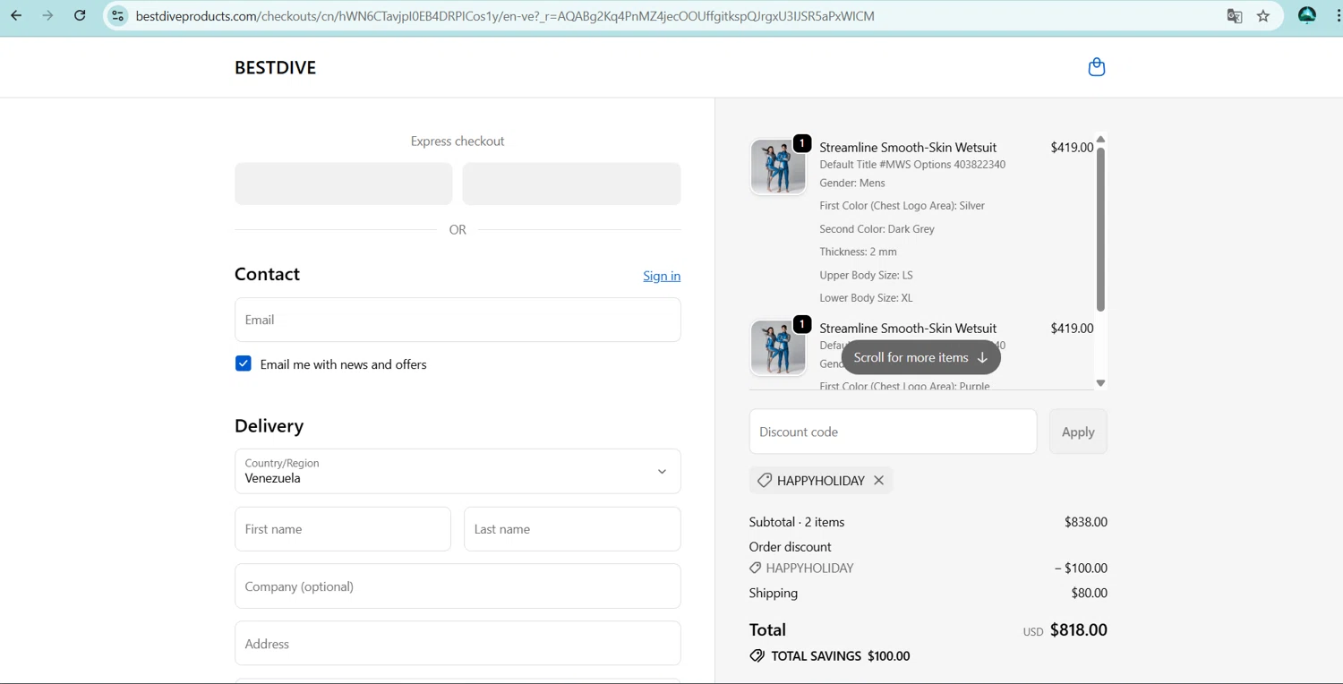 Bestdive promo code screenshot showing code HappyHoliday applied at Bestdive checkout page. Uploaded by SimplyCodes community member ingri85 on Dec 8, 2025