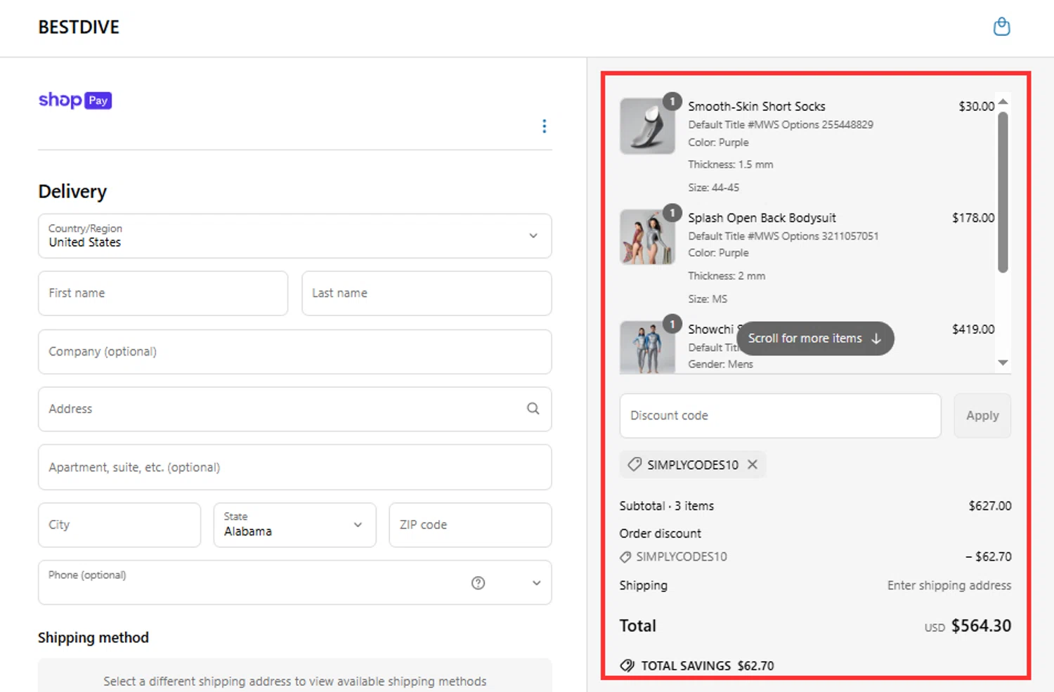 Bestdive promo code screenshot showing code SIMPLYCODES10 applied at Bestdive checkout page. Uploaded by SimplyCodes community member RebateHunter3112 on May 6, 2025