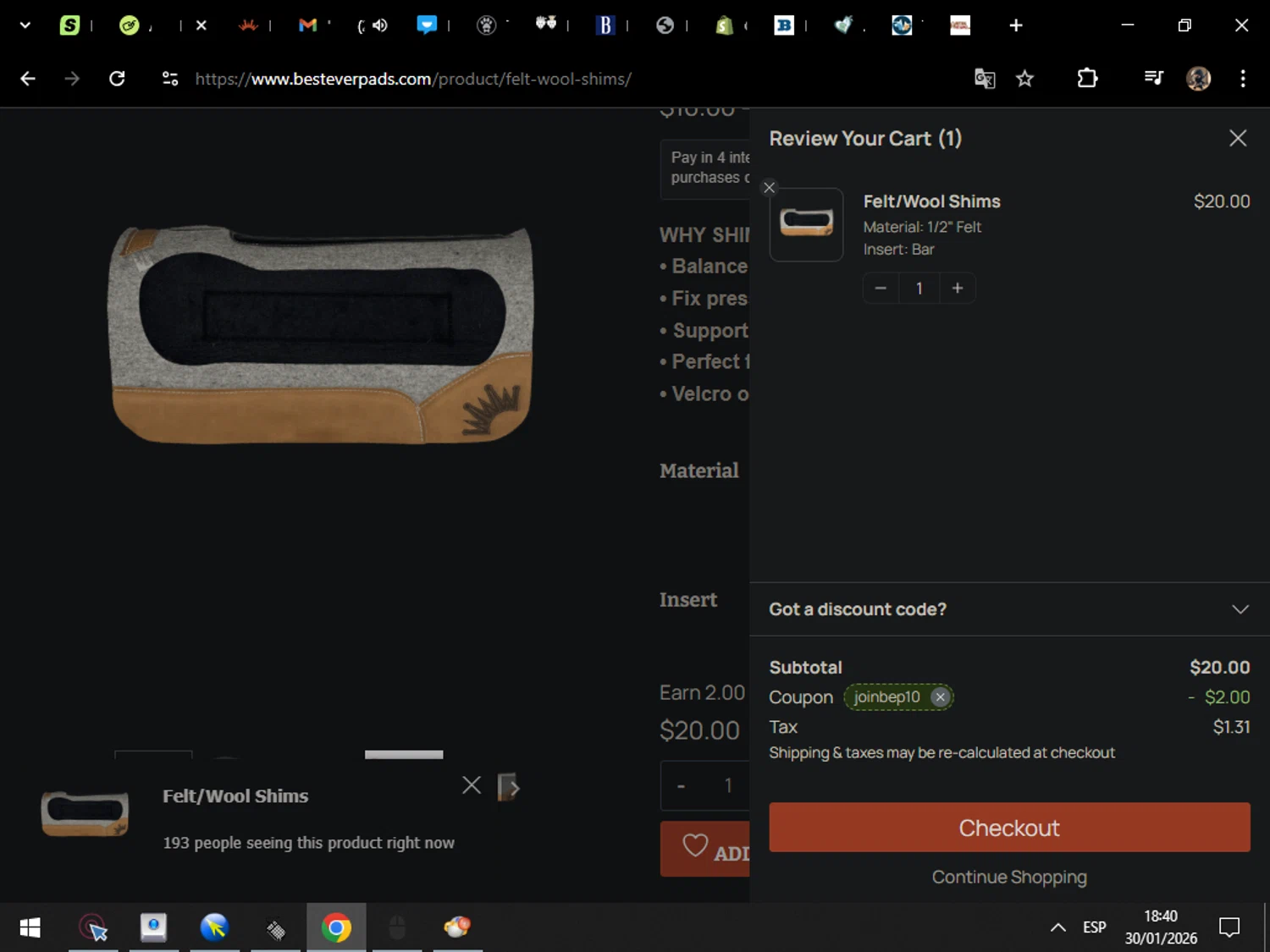 Best Ever Pads promo code screenshot showing code joinbep10 applied at Best Ever Pads checkout page. Uploaded by SimplyCodes community member MarcosAranguren on Jan 30, 2026