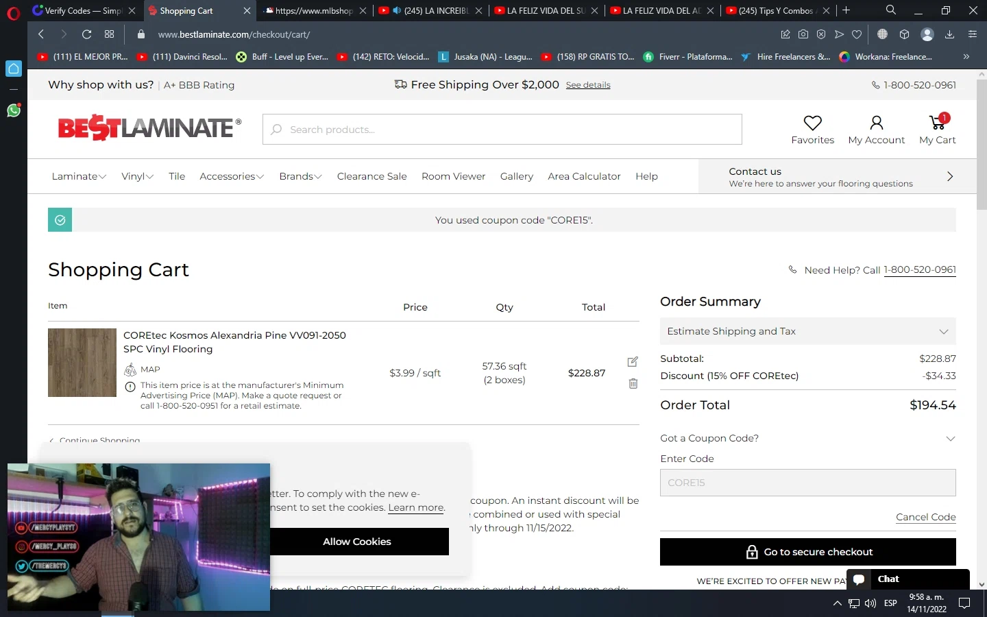 Bestlaminate checkout page showing Bestlaminate discount code box | Screenshot taken by SimplyCodes community member on Nov 14, 2022