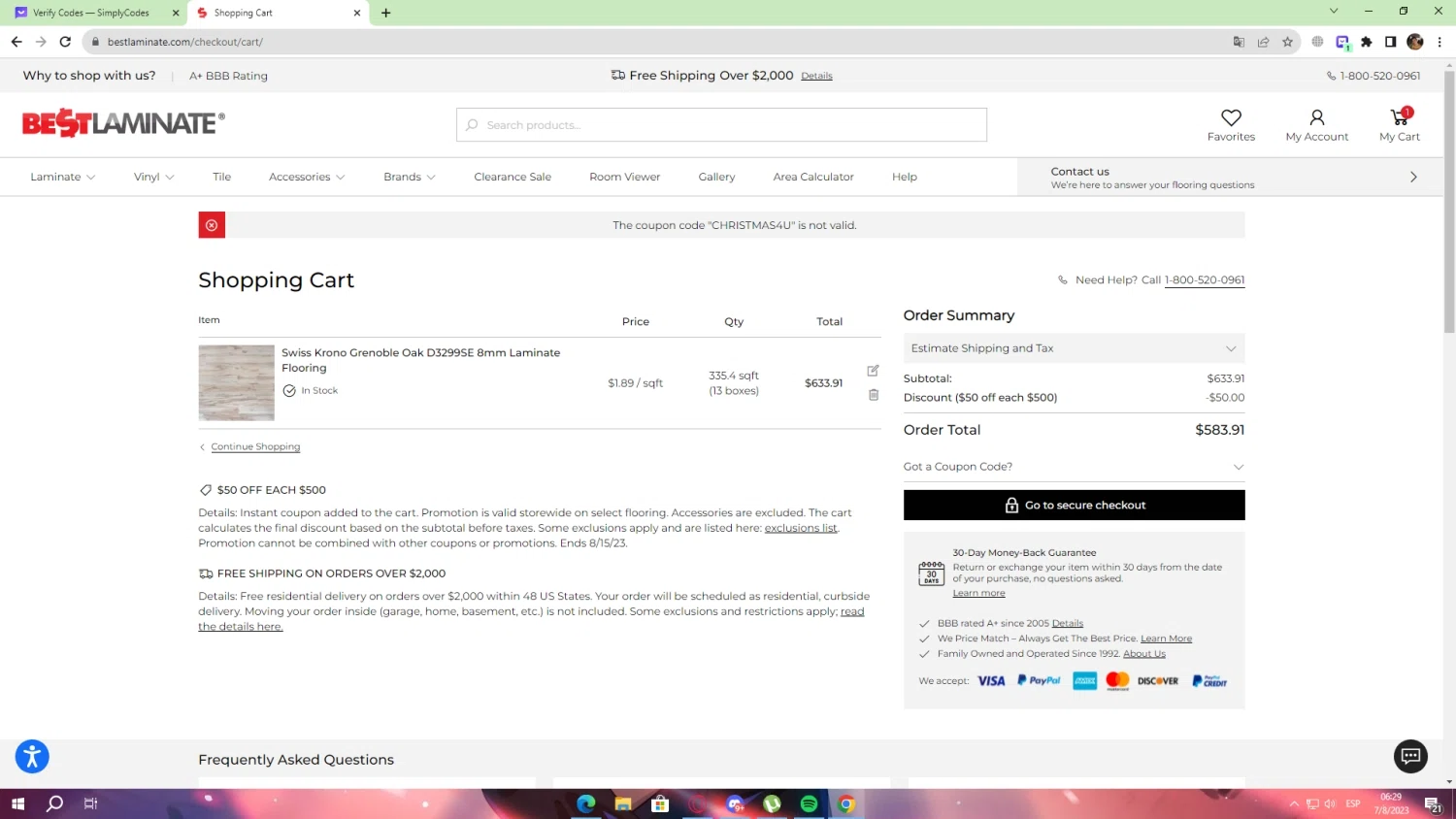 Bestlaminate checkout page showing Bestlaminate discount code box | Screenshot taken by SimplyCodes community member on Aug 7, 2023