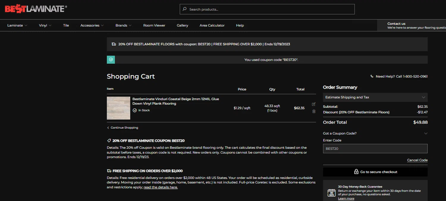 Bestlaminate checkout page showing Bestlaminate discount code box | Screenshot taken by SimplyCodes community member on Dec 11, 2023