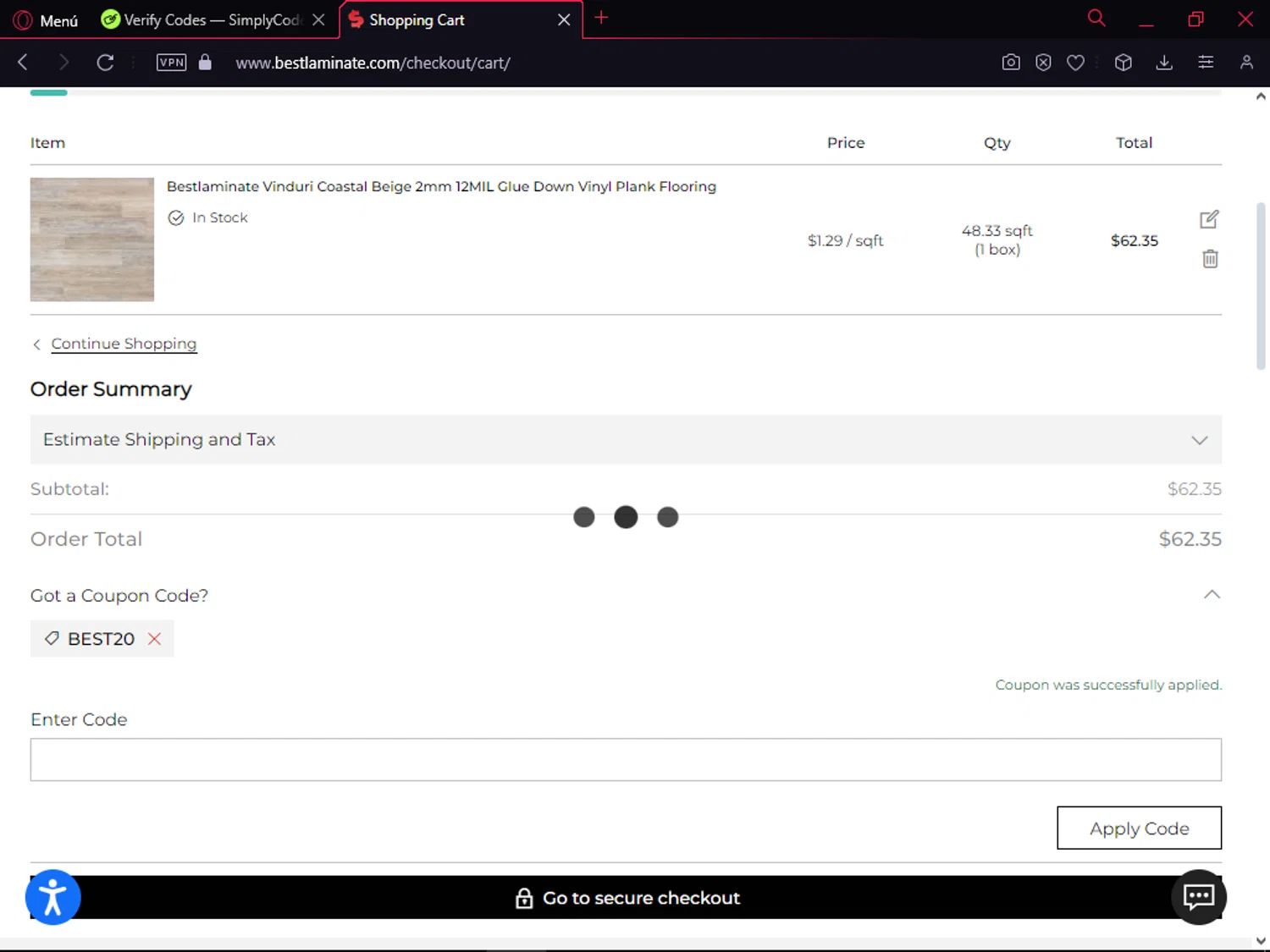 Bestlaminate checkout page showing Bestlaminate discount code box | Screenshot taken by SimplyCodes community member on Apr 19, 2024