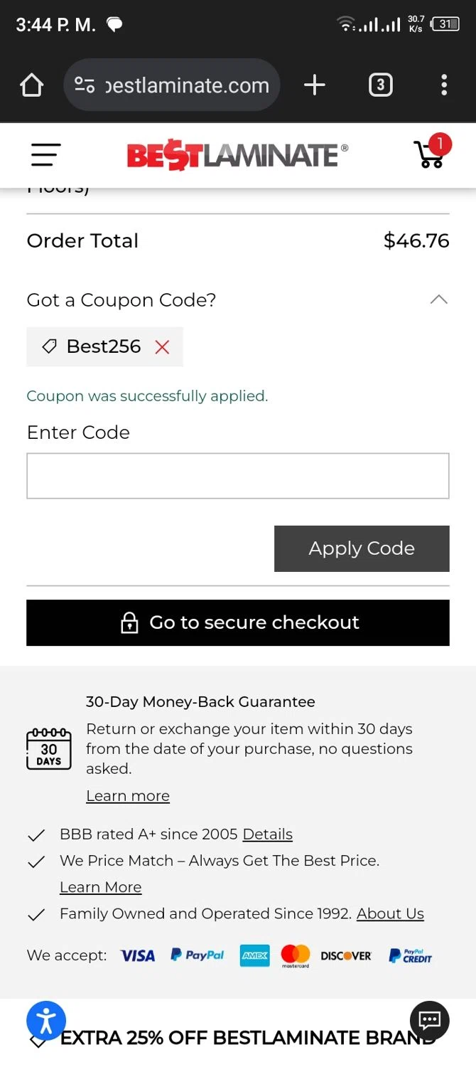 Bestlaminate checkout page showing Bestlaminate discount code box | Screenshot taken by SimplyCodes community member on Jun 22, 2024