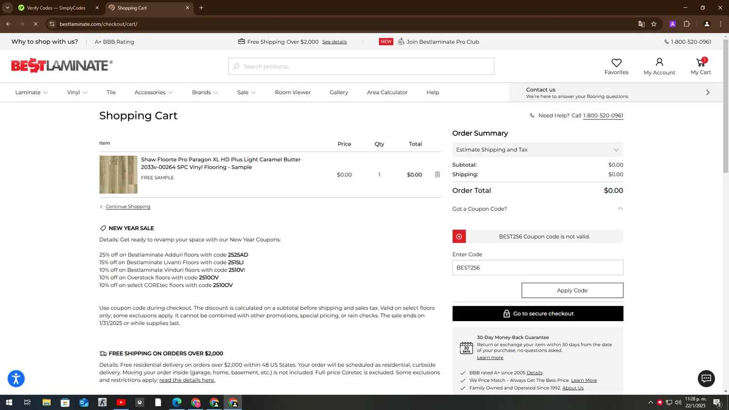 Bestlaminate discount code screenshot showing code BEST256 applied at Bestlaminate checkout page. Uploaded by SimplyCodes community member BudgetMaven6078 on Jan 22, 2025