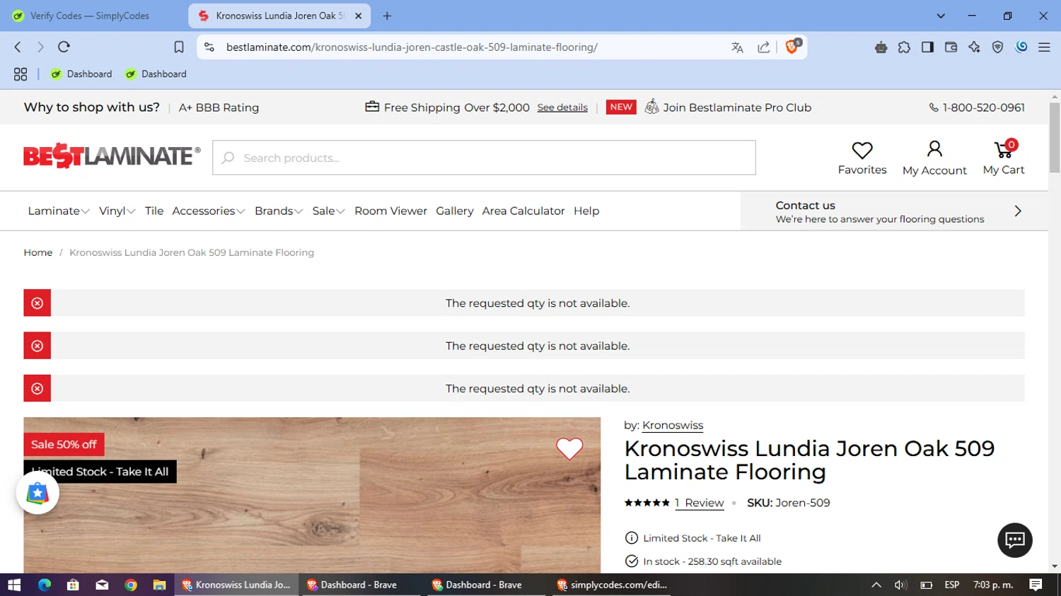 Bestlaminate discount code screenshot showing code PRO2504 applied at Bestlaminate checkout page. Uploaded by SimplyCodes community member BrilliantCollector151 on Mar 8, 2025