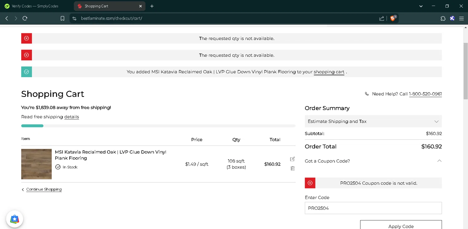 Bestlaminate discount code screenshot showing code PRO2504 applied at Bestlaminate checkout page. Uploaded by SimplyCodes community member RoyalMaverick7546 on Mar 8, 2025