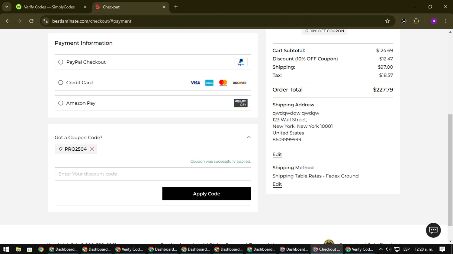 Bestlaminate checkout page showing Bestlaminate discount code box | Screenshot taken by SimplyCodes community member on Feb 13, 2025