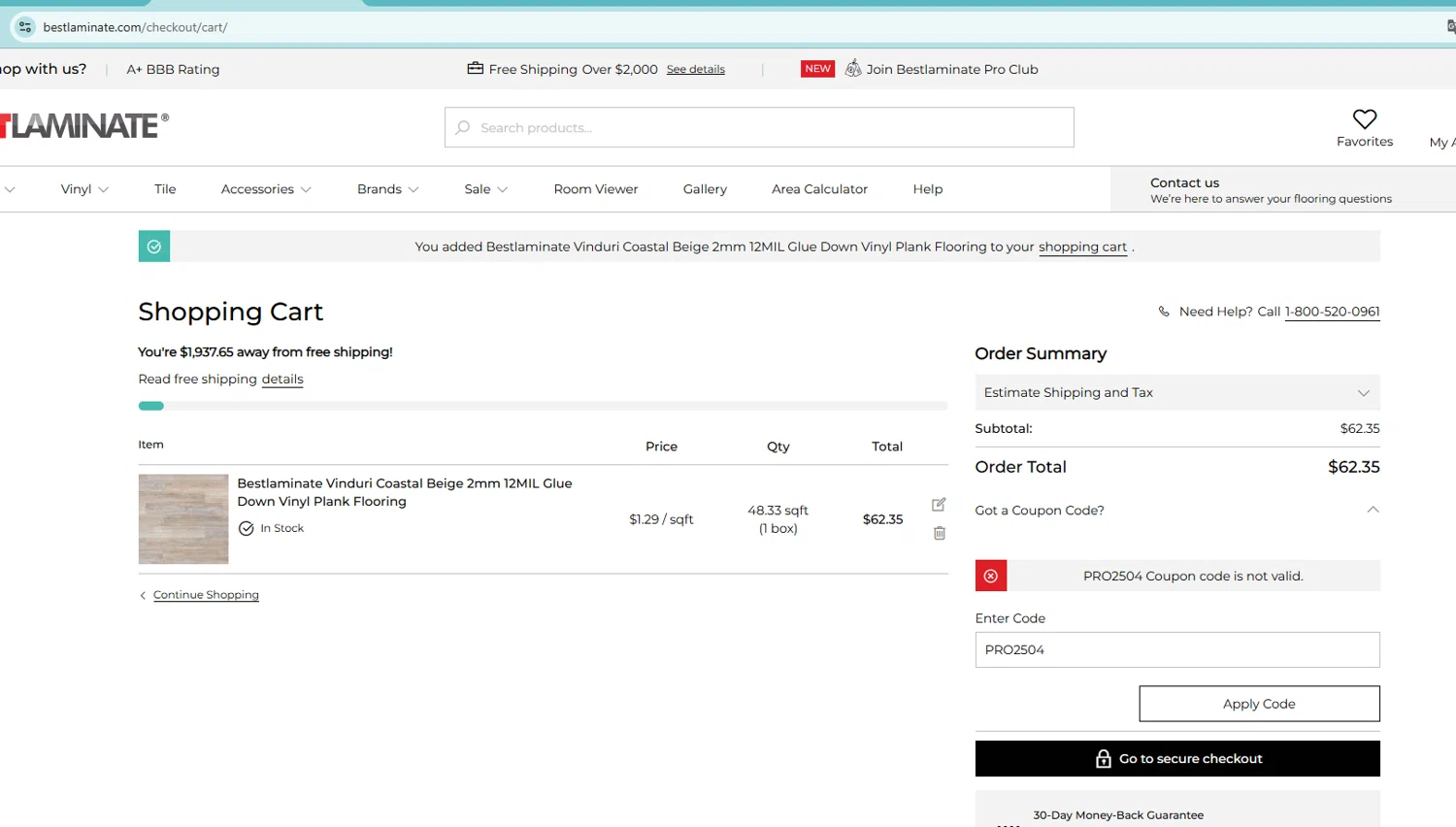Bestlaminate discount code screenshot showing code PRO2504 applied at Bestlaminate checkout page. Uploaded by SimplyCodes community member SavingsHero7521 on Mar 8, 2025