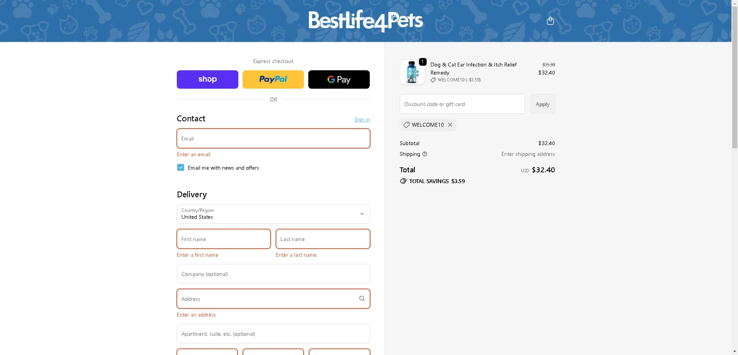BestLife4Pets coupon code screenshot showing code WELCOME10 applied at BestLife4Pets checkout page. Uploaded by SimplyCodes community member CleverLynx8583 on Nov 13, 2025