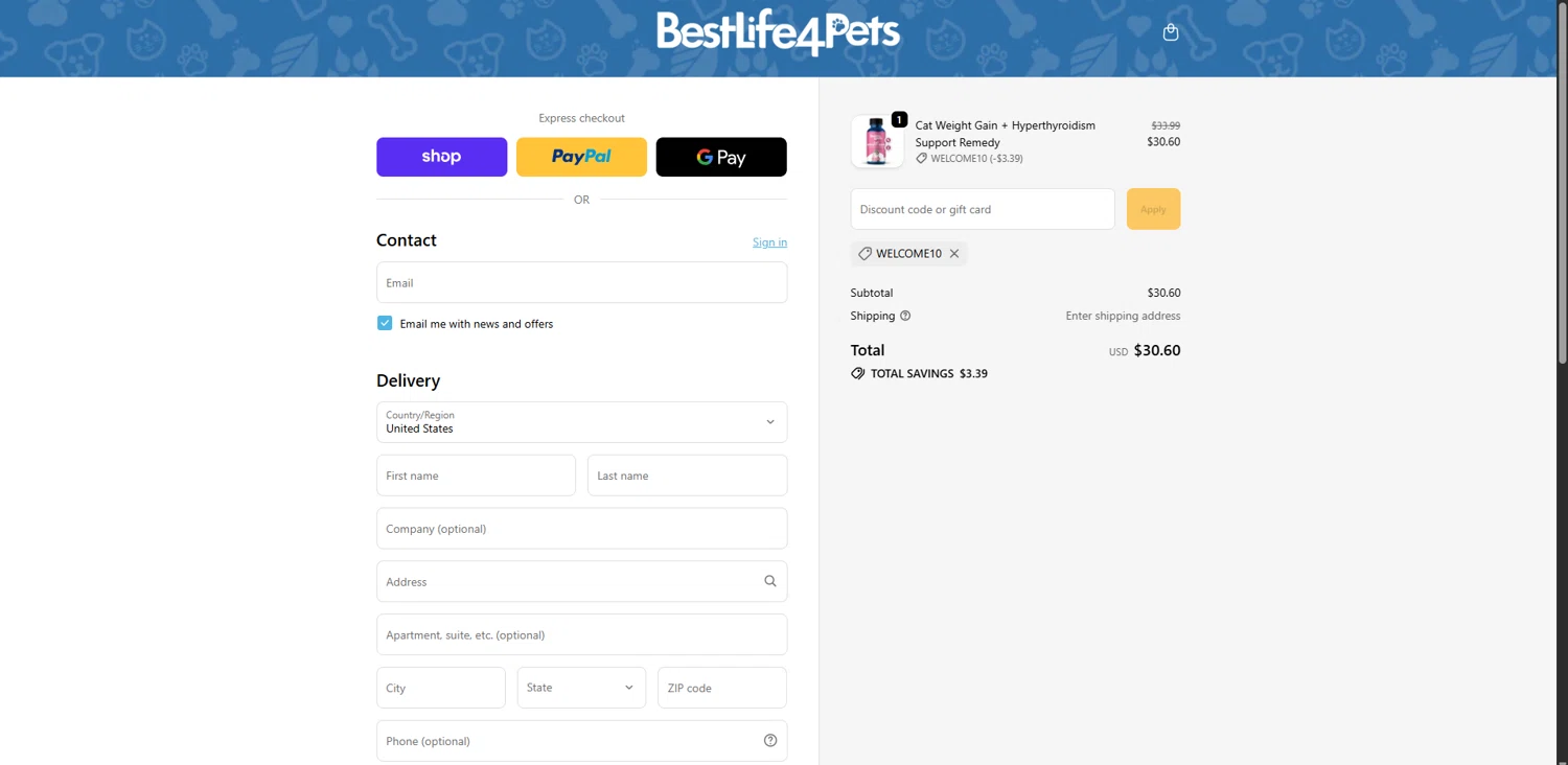 BestLife4Pets coupon code screenshot showing code WELCOME10 applied at BestLife4Pets checkout page. Uploaded by SimplyCodes community member RewardMaven959 on Nov 1, 2025