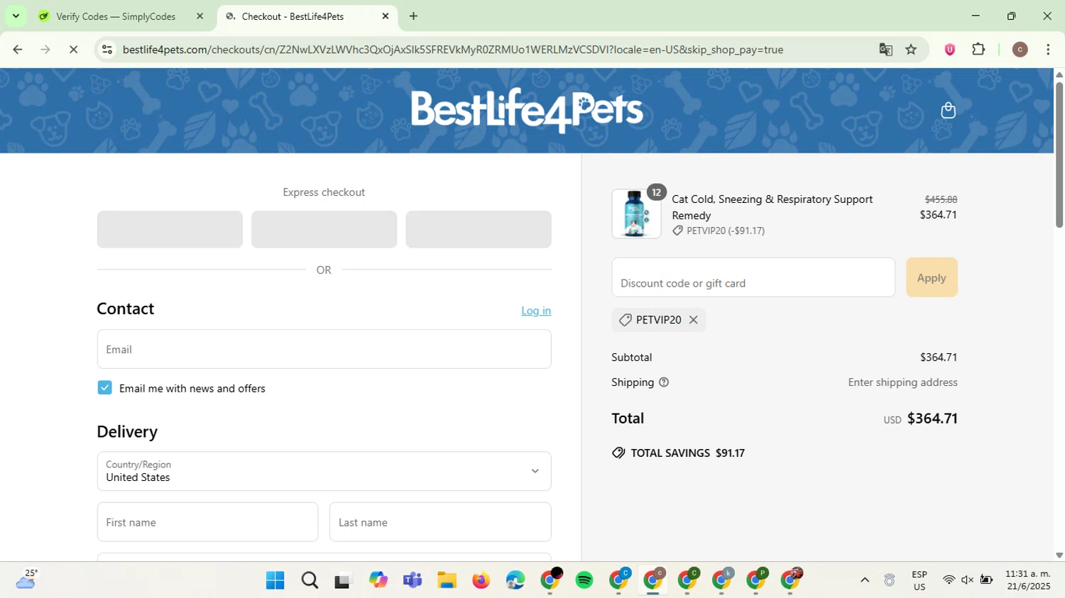 BestLife4Pets coupon code screenshot showing code PETVIP20 applied at BestLife4Pets checkout page. Uploaded by SimplyCodes community member NobleExpert6497 on Jun 21, 2025