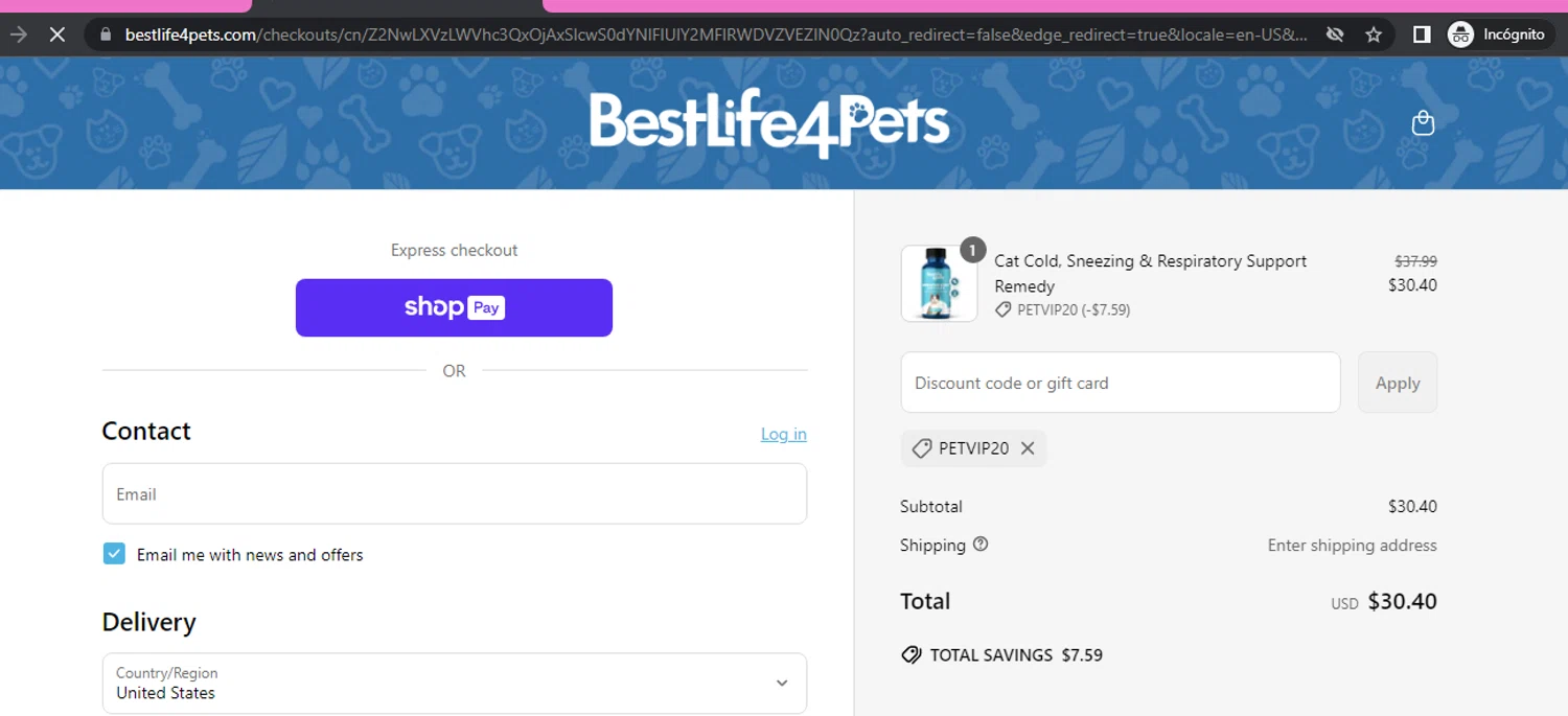 BestLife4Pets coupon code screenshot showing code PETVIP20 applied at BestLife4Pets checkout page. Uploaded by SimplyCodes community member beatrizcastillo on May 24, 2025