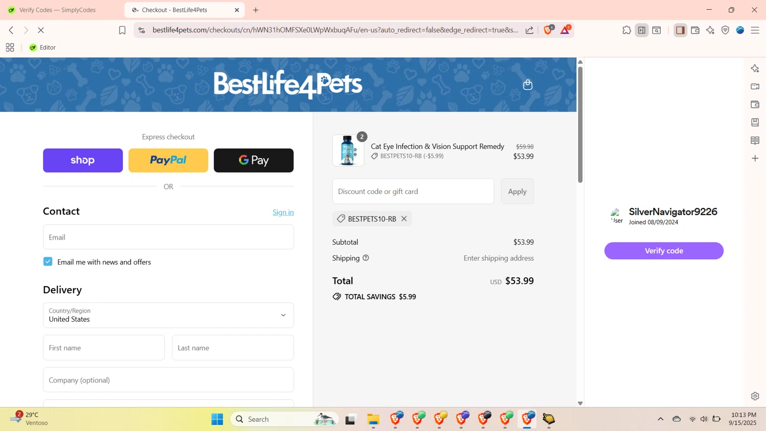 BestLife4Pets coupon code screenshot showing code BESTPETS10-RB applied at BestLife4Pets checkout page. Uploaded by SimplyCodes community member SilverNavigator9226 on Sep 16, 2025