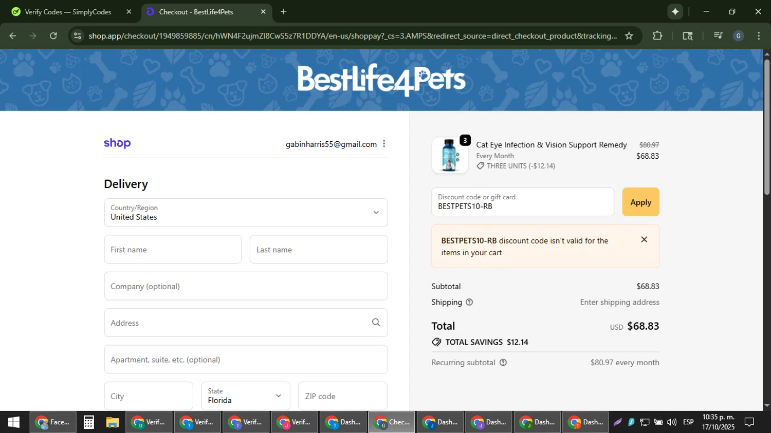 BestLife4Pets coupon code screenshot showing code BESTPETS10-RB applied at BestLife4Pets checkout page. Uploaded by SimplyCodes community member gabinharris55 on Oct 18, 2025